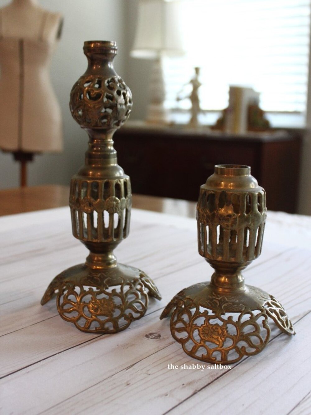Vintage Brass Filigree Candlesticks Oranate Candle Holders Solid 1970s BASE ONLY